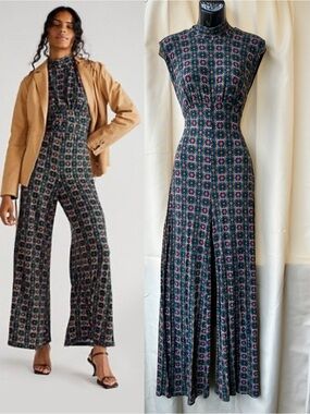Free People Vibe Check One-piece Jumpsuit Pine Retro Printed Size XS